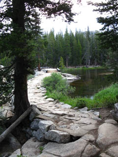 View of the North Ancorage of the low bridge over the Tuloumne River North of Tuolumne River and South of Glen Aulin on the Pacific Crest and Tahoe to Yosemite Trails.